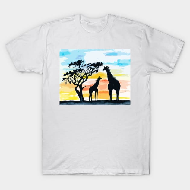 Giraffe Sunset T-Shirt by drknice